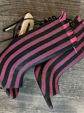 Zara Pink and Black Striped Fringe High Heel Sandals
